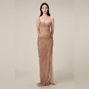 Strapless Nude-Tan Tulle Maxi Gown with Draped Skirt